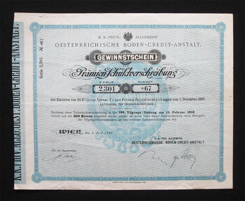 Osztrák Földhitel Intézet nyereménykötvény 200 korona 1918 Bécs